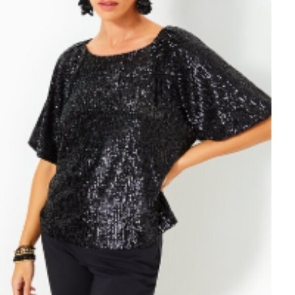 Lilly Pulitzer Size LARGE Cressida Sequin Knit Top Noir Treasure Box - Picture 1 of 3